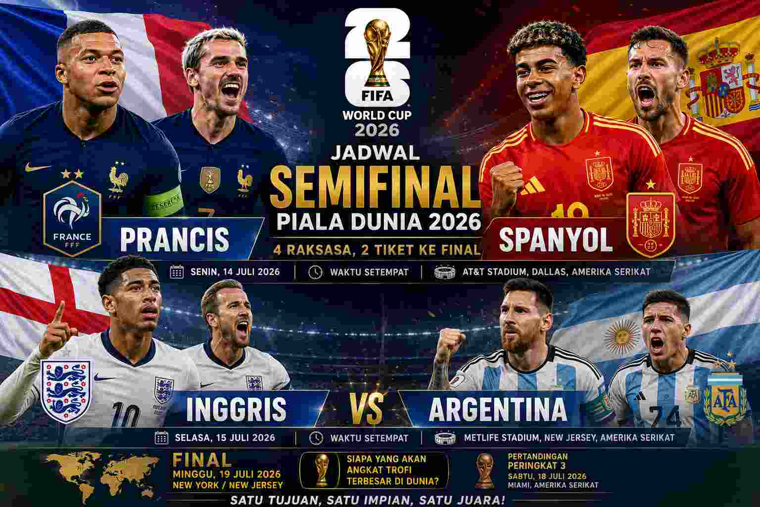 Jadwal Semifinal Piala Dunia 2026: Prancis, Spanyol, Inggris, dan Argentina Berebut Tiket Final Jadwal Semifinal Piala Dunia 2026: Prancis, Spanyol, Inggris, dan Argentina Berebut Tiket Final
