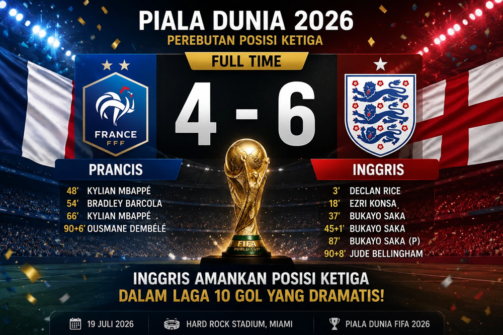 Inggris Tumbangkan Prancis 6-4 dalam Laga Dramatis Perebutan Peringkat Ketiga Piala Dunia 2026 Inggris Tumbangkan Prancis 6-4 dalam Laga Dramatis Perebutan Peringkat Ketiga Piala Dunia 2026