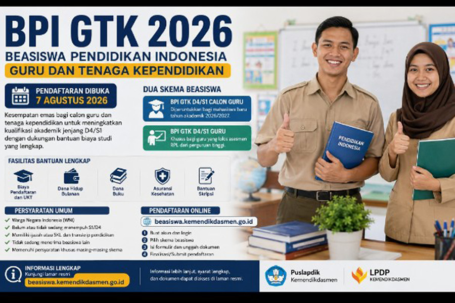 Beasiswa BPI GTK 2026 Dibuka, Calon Guru dan Guru Bisa Kuliah D4/S1 Beasiswa BPI GTK 2026 Dibuka, Calon Guru dan Guru Bisa Kuliah D4/S1